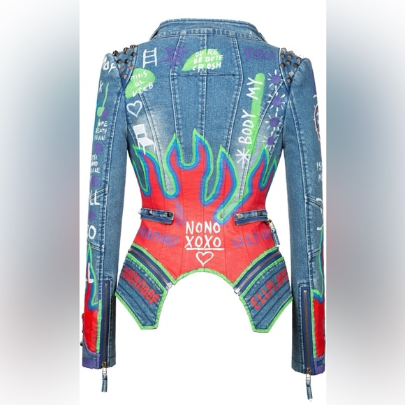 Fashion SX Women's Punk Embroidered short Denim Jacket Hand-painted - Picture 4 of 7